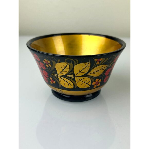 Vintage USSR Russian Wooden Lacquered Small Bowls Set of 2 Red Berries Gold Blck - Picture 4 of 16